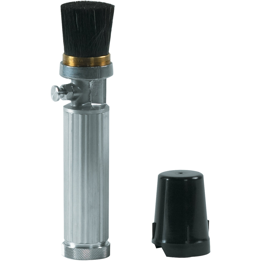 Professional-grade K-1 fountain brush with integrated cover designed for precise stencil ink application on rough, uneven surfaces like crates and concrete. Features convenient refill access at the handle end for minimal downtime in high-volume shipping rooms and warehouse environments. Sold as 1 each.