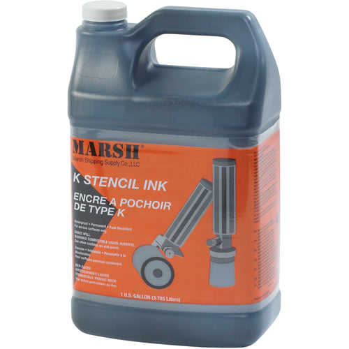 Permanent, waterproof black K-1 ink engineered for fast marking on porous surfaces including corrugated, cloth, wood, and paper. One 1-gallon container of Marsh¬Æ professional-grade ink resists light fading and water damage‚essential for shipping rooms and warehouse operations requiring durable product identification.