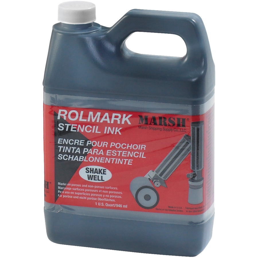 Rolmark permanent black ink delivers waterproof, light-resistant marking on any porous or non-porous surface‚ideal for shipping rooms and warehouses. One quart bottle meets CIDA-A-208-B government specifications. Fast-drying formula reduces smudging and keeps operations moving.