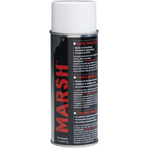 Marsh¬Æ white spray stencil ink delivers permanent, waterproof marking on all surfaces with fast-drying, lead-free formula. Each case includes 12 cans of 11 ounces, ideal for high-volume shipping rooms and warehouse stencil operations. Cost-effective solution for durable, compliant packaging identification.