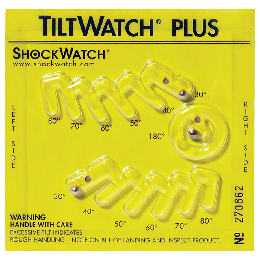 TiltWatch Plus delivers 360¬∞ tilt monitoring to prevent cargo damage in transit with reliable visual deterrent indicators. At 5.6" x 4.9", these yellow labels activate at 30¬∞ tilt and include instructional companion labels. Sold as case of 50 units for economical, compliant shipping room operations.