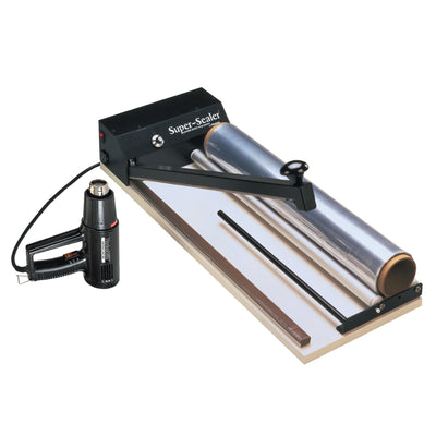 Complete 18" shrink film sealing system built for high-volume industrial packaging. Includes variable temperature heat gun, adjustable timer with LED, heavy-duty steel construction, and 16" x 100' roll of 75 gauge PVC shrink film. UL listed and ready to use.