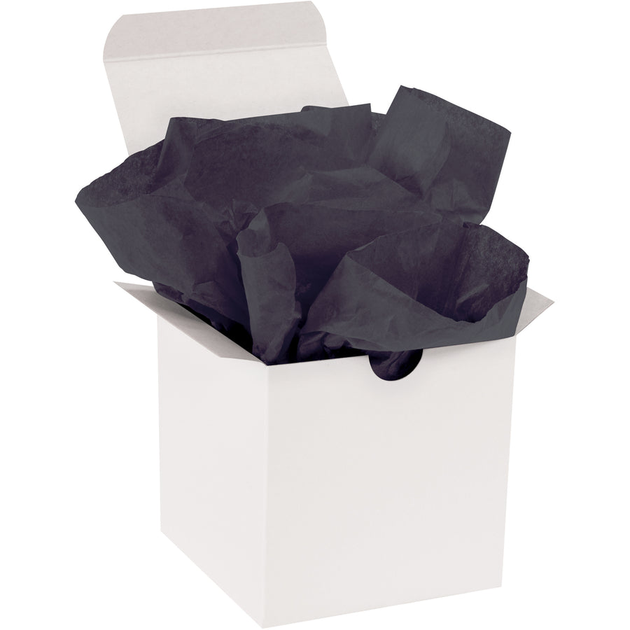Professional-grade black tissue paper sheets designed for industrial packaging applications. Each case contains 480 sheets of 20x30" premium tissue with 10 lb. basis weight and fade-resistant special dyes. Soft texture on both sides provides superior cushioning and wrapping capabilities for shipping, padding, and protective void fill.