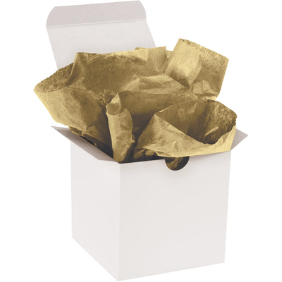 Professional-grade metallic gold tissue paper sheets designed for premium packaging and product wrapping. Each case includes 200 sheets of 20x30" tissue with 11 lb basis weight, fade-resistant special dyes, and soft texture on both sides for a polished presentation.