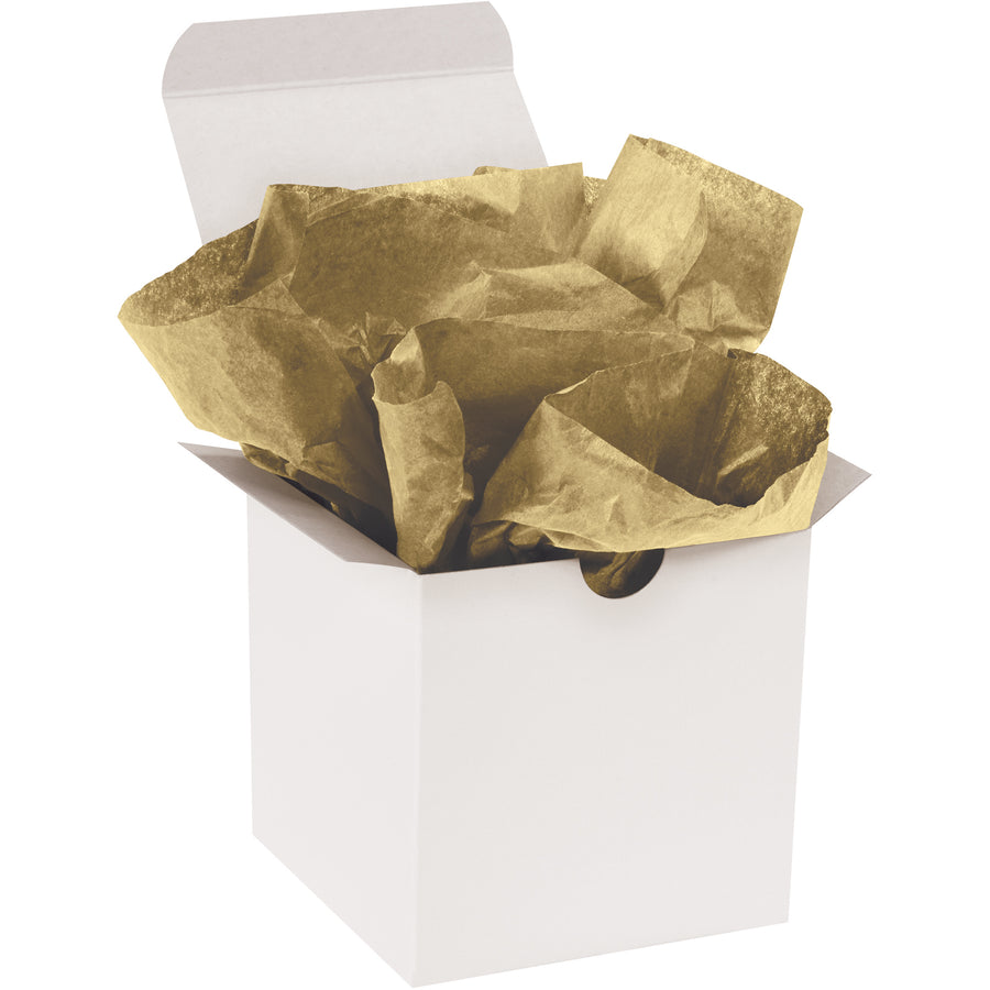 Professional-grade metallic gold tissue paper sheets designed for premium packaging and product wrapping. Each case includes 200 sheets of 20x30" tissue with 11 lb basis weight, fade-resistant special dyes, and soft texture on both sides for a polished presentation.