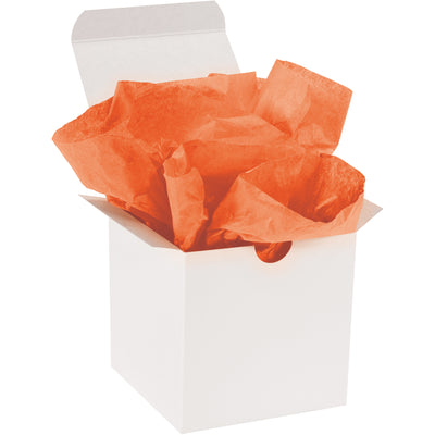 Professional-grade 20x30" orange tissue paper sheets with fade-resistant dyes and soft texture on both sides. Each case contains 480 sheets of 10 lb. basis weight tissue, ideal for gift wrapping, padding, and void fill applications. Reduce packaging time while maintaining quality presentation.