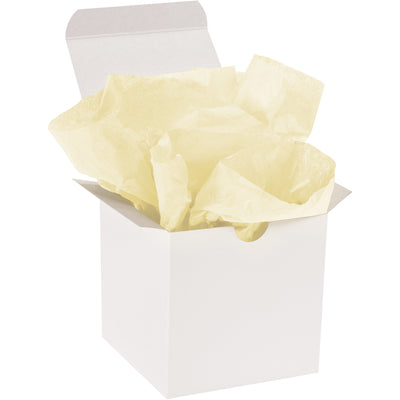 Professional-grade yellow tissue paper sheets sized 20x30" with 10 lb basis weight, sold by the case of 480. Special dyes resist fading and bleeding while soft texture on both sides provides cushioning and aesthetic appeal. Perfect for padding, void fill, and decorative gift wrapping in industrial packaging applications.