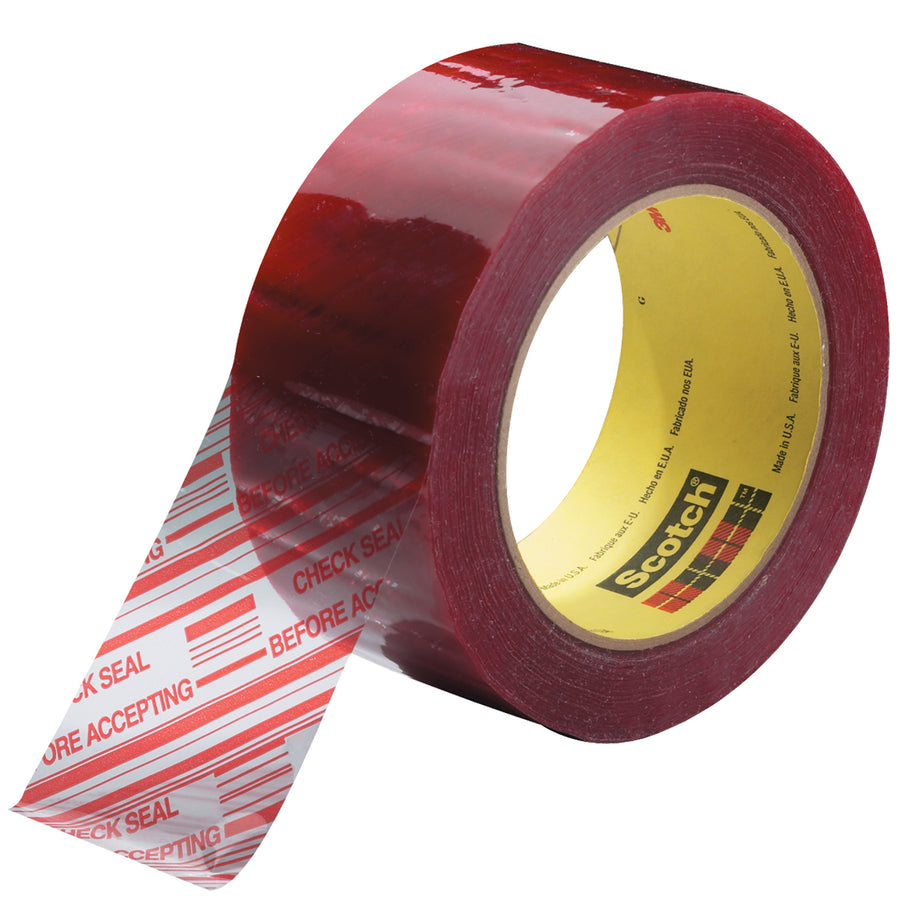 Protect shipments from tampering with 3M 3779 security message tape featuring red diagonal lines that reveal any resealing attempts. Each 2" x 110 yard roll delivers 1.9 mil polypropylene construction with aggressive hot melt adhesive for reliable core compatibility and dispenser performance. Case includes 6 rolls for maximum packing line uptime.