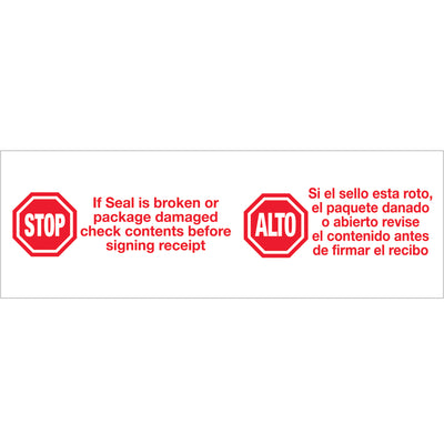 Eliminate labeling steps and communicate handling instructions directly on boxes with this 2" x 110 yds pre-printed carton sealing tape. Each case contains 18 rolls of waterproof, 2.2 mil acrylic adhesive tape featuring Stop/Alto messaging. Compatible with standard tape dispensers for faster packing line operation.