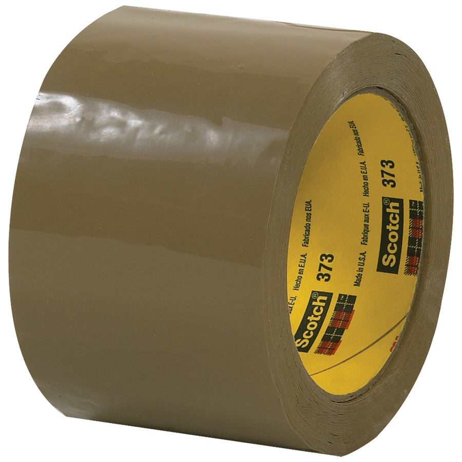 Scotch¬Æ 373 tan box sealing tape delivers instant adhesion and heavy-duty performance for high-volume packing lines. This 2.5 mil polypropylene tape with synthetic rubber adhesive bonds instantly to recycled content cartons and resists edge tearing and splits. Buy by the case of 24 rolls (3" x 55 yds each) for maximum cost efficiency.