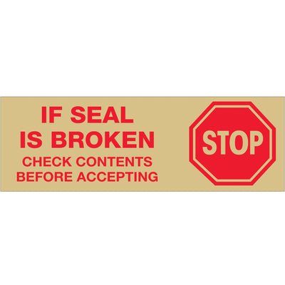 Eliminate separate labeling steps and communicate critical handling instructions directly on your cases. This 2.2 mil acrylic pressure-sensitive carton sealing tape features a pre-printed "Stop If Seal Is Broken" message in red on tan backing, supplied as a case of 24 rolls (3" x 110 yds each). Waterproof adhesive bonds instantly to corrugated for reliable core compatibility with standard dispensers.