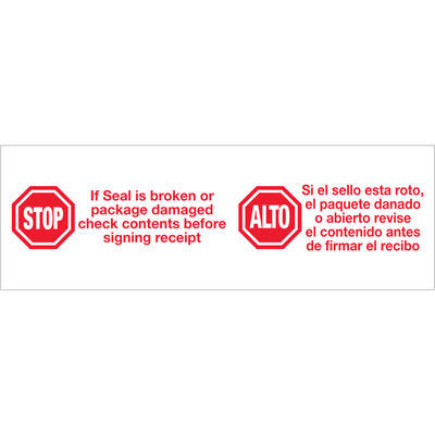 Communicate handling instructions directly on your cartons with Tape Logic Stop/Alto messaged sealing tape. This 3" x 110 yds, 2.2 mil acrylic tape eliminates the need for separate labels while maintaining waterproof, pressure-sensitive adhesion on all core types. Sold by the case of 24 rolls–reduce labeling labor and increase packing line throughput.