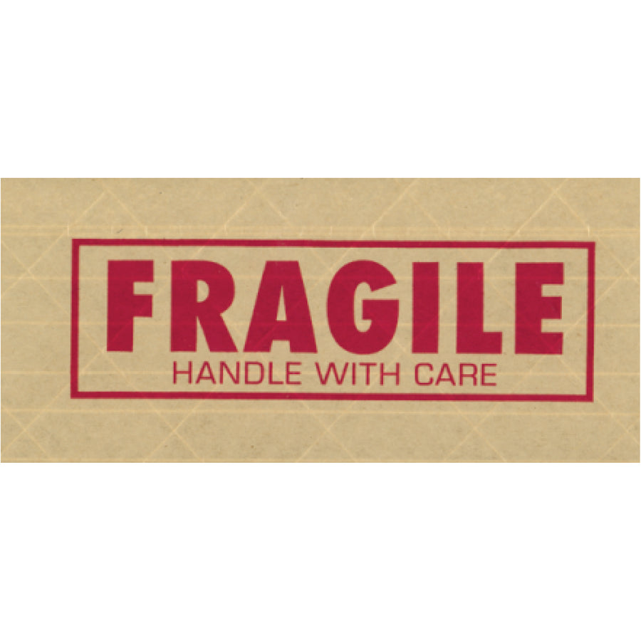 Heavy-duty water activated tape with pre-printed "Fragile" messaging alerts handlers to critical handling instructions while forming an unbreakable seal. This 3" x 450' fiberglass-reinforced kraft paper tape delivers superior strength on boxes weighing 40-60 lbs and reduces damage during transport. Sold as a case of 10 rolls for maximum efficiency on your packing line.
