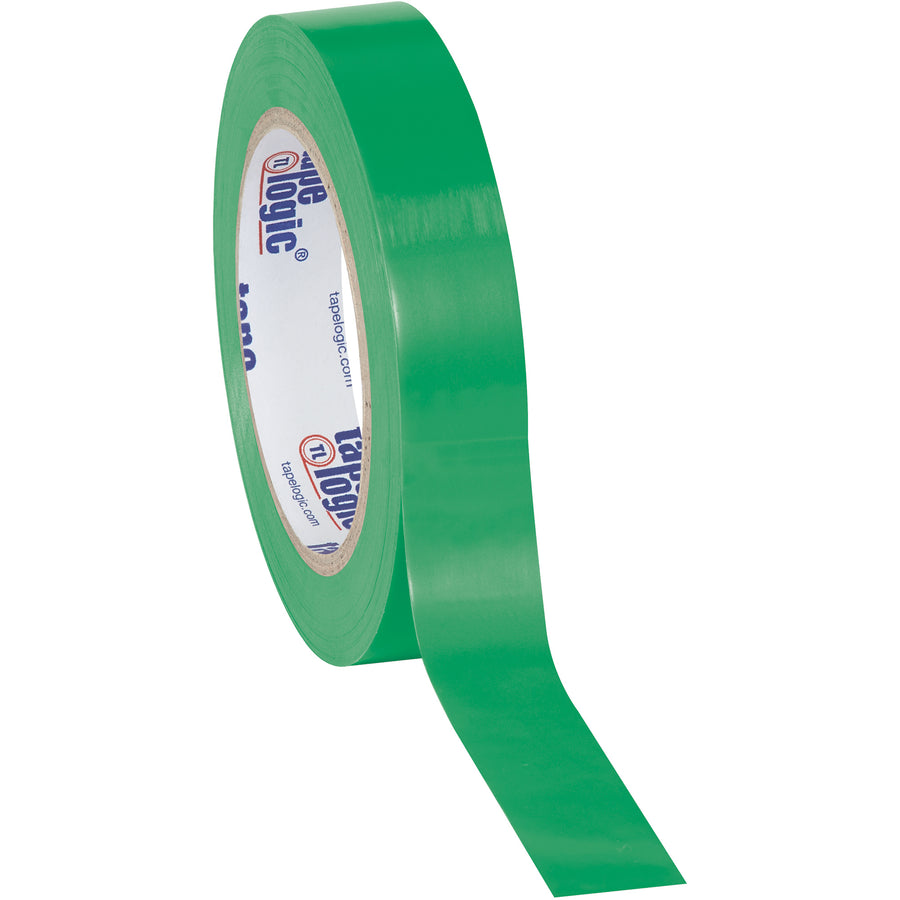 Heavy-duty 6.0 mil green vinyl safety tape for first aid and safety equipment marking. Resists oil, grease, moisture, solvents, and scuffs. 1" x 36 yards per roll, sold as a case of 48 rolls for high-volume packing line operations.