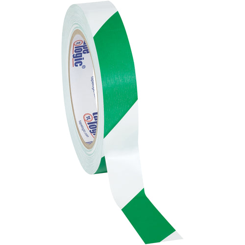Heavy-duty 7.0 mil green/white striped vinyl safety tape designed for first aid and safety equipment identification on your packing line. Resists oil, grease, moisture, solvents, and scuffs for long-lasting adhesion and core compatibility with standard dispensers. Order by the case of 48 rolls for consistent case sealing and hazard marking.