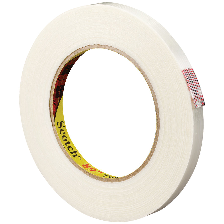Scotch¬Æ Filament Tape 897 is engineered for high-performance carton sealing on fast-moving packing lines. The 6.0 Mil glass-yarn reinforced polypropylene backing with synthetic rubber adhesive provides maximum holding strength while using minimal tape per box, reducing material costs. This case of 12 rolls (1/2" x 60 yds each) delivers excellent moisture, abrasion, and scuff resistance for reliable case closure.