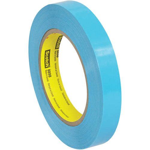 3M 8898 blue strapping tape delivers puncture-resistant, long-lasting adhesion for case sealing and industrial bundling. 4.6 mil polypropylene backing with synthetic rubber adhesive bonds firmly to multiple surfaces without filaments. Ships as a case of 48 rolls (3/4