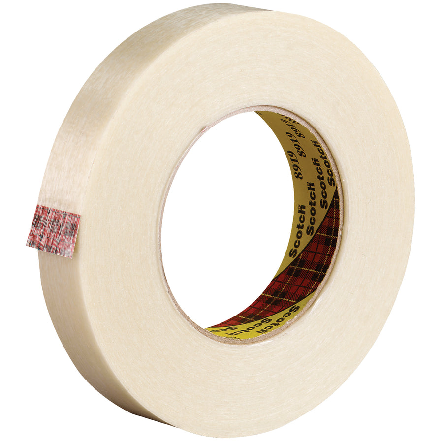 Heavy-duty 3M 8919 strapping tape engineered for packing line supervisors who need reliable case sealing without downtime. 7 mil clear polyester backing with synthetic rubber adhesive provides superior adhesion, low stretch, and stain resistance on standard cartons and appliance packaging.