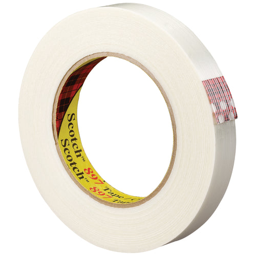 Scotch¬Æ Filament Tape 897 delivers heavy-duty carton sealing with minimal tape waste‚6.0 mil clear polypropylene backing reinforced with glass yarn filaments and synthetic rubber adhesive. One case contains 36 rolls of 1