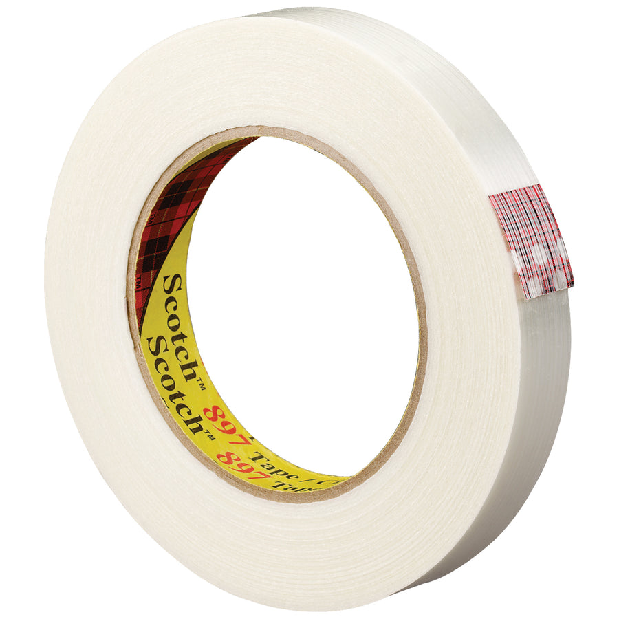 Scotch¬Æ Filament Tape 897 delivers dependable carton sealing and bundling performance with minimal tape waste on high-speed packing lines. Each case contains 6 rolls of 2" x 60 yd. tape with 6.0 mil reinforced glass yarn and synthetic rubber adhesive for superior moisture and abrasion resistance. The Scotchpro‚Ñ¢ polypropylene backing ensures consistent dispenser compatibility and professional case closure every time.