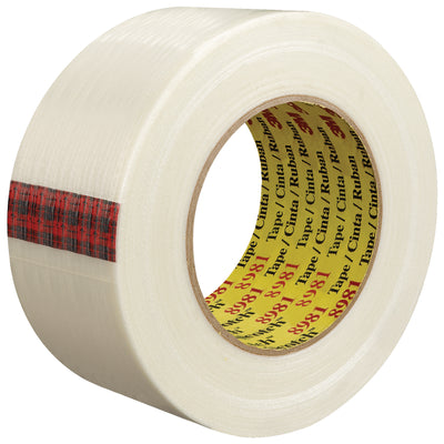 Heavy-duty 3M 8981 reinforced strapping tape delivers superior adhesion and long-term holding power on recycled and printed fiberboard cartons. Each case includes 12 rolls of 2" x 60 yds clear tape with 6.6 mil glass-yarn-reinforced backing for maximum abrasion and moisture resistance on your packing line.