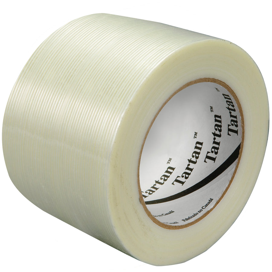 Heavy-duty 3" x 60 yds. filament carton sealing tape with 4.0 mil reinforced glass yarn–perfect for high-speed packing lines demanding fast, secure box closure with minimal operator effort. Clear Scotchpro™ backing resists scuffing and rubs down instantly. Six rolls per case.