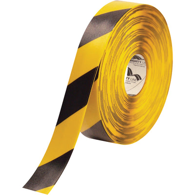 Heavy-duty 60 mil PVC safety tape engineered for high-traffic warehouse environments. Covers 100 linear feet in 2" width with yellow/black visibility. Beveled edges prevent tearing from equipment; removes cleanly without adhesive residue.
