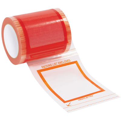 Economical 6" x 5" clear pouch tape roll with a non-tack, see-through window for secure shipping label protection. Made from 2.0 mil pressure-sensitive acrylic material that resists moisture and tearing. Perfect for packing lines requiring fast, reliable label attachment without adhesive bleed-through.