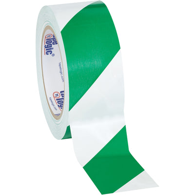 Heavy-duty 7.0 mil vinyl safety tape marks first aid stations and safety equipment on high-speed packing lines without adhesion failure. Each case includes 3 rolls of 2" x 36 yds green/white striped tape that resists oil, grease, moisture, solvents, and scuffs for long-lasting visibility and core compatibility with standard tape dispensers.