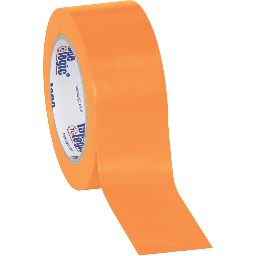 Heavy-duty orange vinyl safety tape rated for hazard and biohazard marking on packing lines. Each case includes three 2" x 36 yard rolls of 6.0 mil solid vinyl that resists oil, grease, moisture, and solvents. Delivers consistent adhesion on cardboard cores and dispenser-compatible spools for seamless case sealing operations.