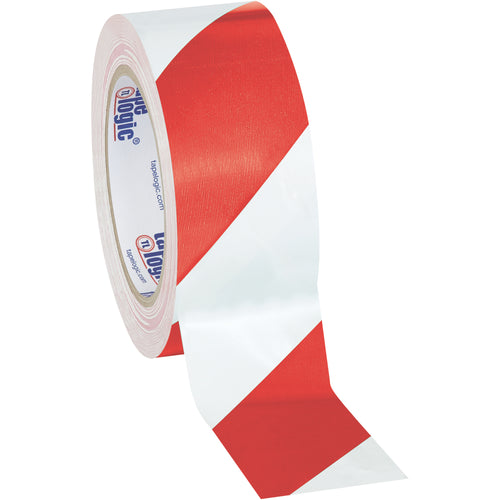 Heavy-duty red/white striped vinyl safety tape marks fire protection hazards with 7.0 mil thickness that resists oil, grease, moisture, and scuffs. Each case includes three 2