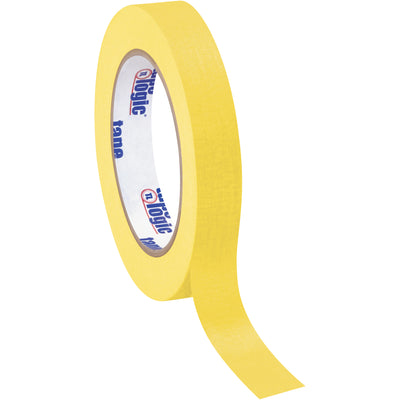 Heavy-duty yellow masking tape designed for packing line labeling, coding, and case identification in industrial environments. 3/4" width x 60-yard rolls with 4.9 mil crepe paper construction withstands medium-temperature applications. Order full case of 12 rolls for consistent adhesion and core compatibility across your entire operation.