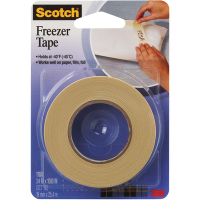 Heavy-duty 3M 178 freezer tape rated to -40¬∞F for frozen food packaging and case sealing. 5.2 mil saturated crepe paper backing with rubber adhesive delivers moisture-resistant seals on paper, plastic, and foil. Case of 24 rolls (3/4" x 1000' each) ready to dispense.