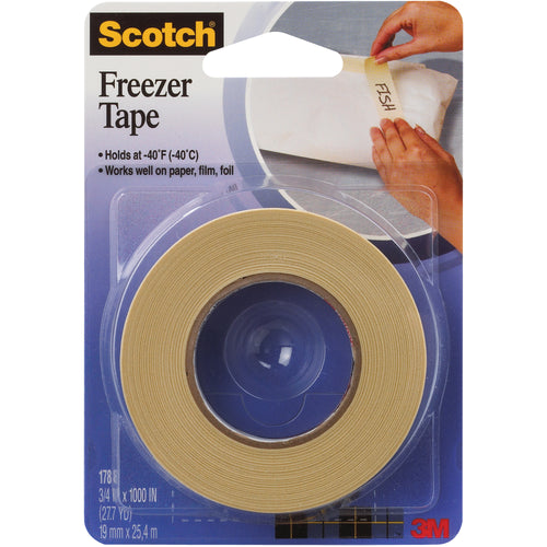 Heavy-duty 3M 178 freezer tape rated to -40¬∞F for frozen food packaging and case sealing. 5.2 mil saturated crepe paper backing with rubber adhesive delivers moisture-resistant seals on paper, plastic, and foil. Case of 24 rolls (3/4