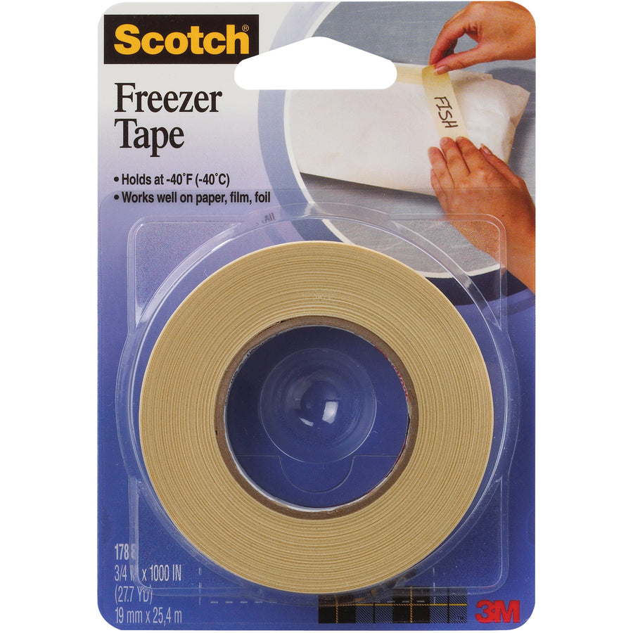 Heavy-duty 3M 178 freezer tape rated to -40¬∞F for frozen food packaging and case sealing. 5.2 mil saturated crepe paper backing with rubber adhesive delivers moisture-resistant seals on paper, plastic, and foil. Case of 24 rolls (3/4" x 1000' each) ready to dispense.