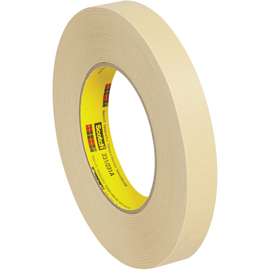 Professional-grade 3M 231 crepe paper masking tape engineered for production lines requiring precise, clean paint lines and reliable adhesion. Features 7.6 mil crepe backing with rubber adhesive that resists lifting, curling, and moisture‚ideal for high-speed application on powder-coated and stainless steel surfaces. Ships as case of 48 rolls, 3/4" x 60 yds each.