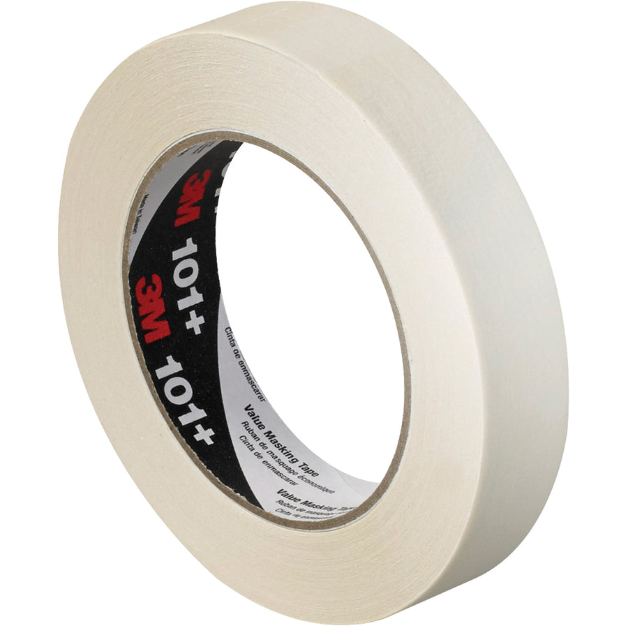 3M Value Masking Tape 101+ delivers dependable rubber-based adhesion for light-duty packing line applications. Each case includes 12 rolls of 1" x 60 yds crepe paper tape rated to 150°F for 30 minutes. Ideal for temporary holding, wrapping, marking, and case sealing on indoor production runs.
