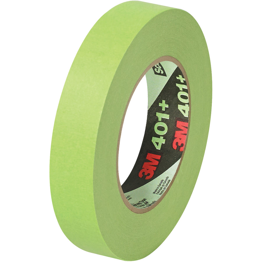 3M 401+ high-performance green masking tape engineered for industrial painting lines requiring sharp color demarcation and zero paint bleed-through. Each 1" x 60 yard roll features 6.7 mil crepe paper backing with natural/synthetic rubber adhesive; case includes 24 rolls for production continuity.