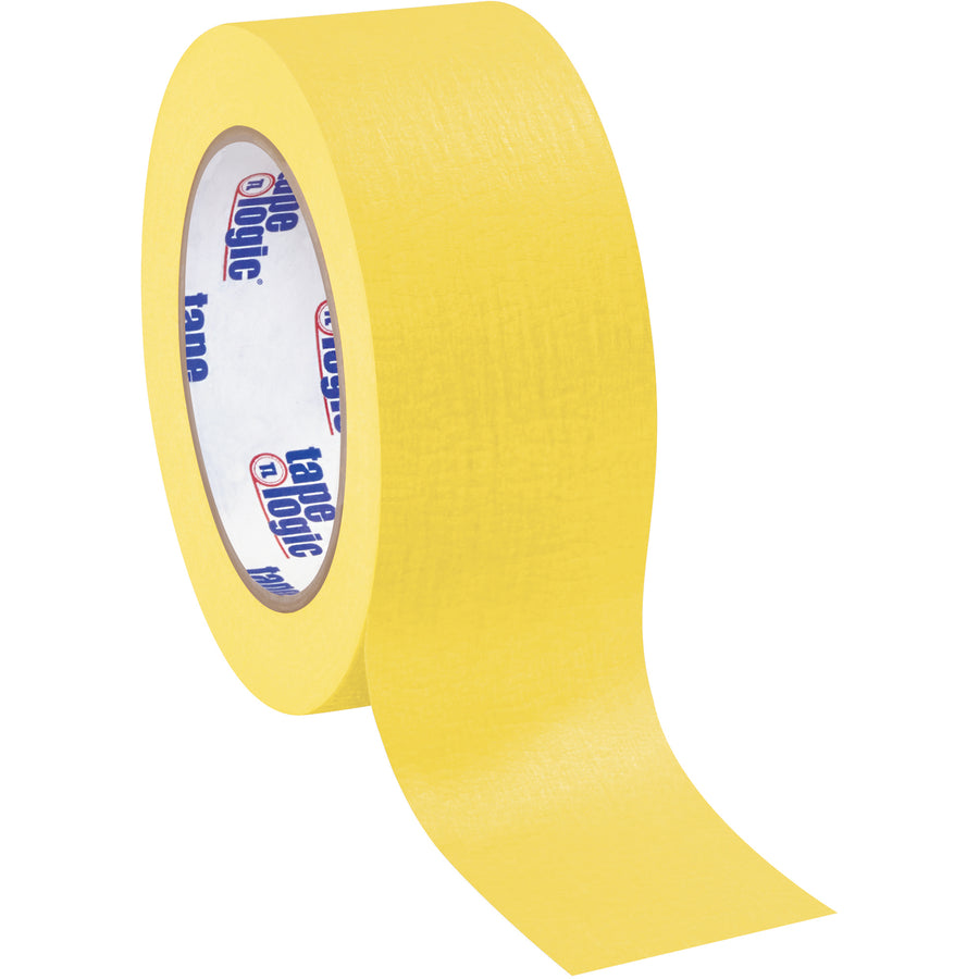 Premium 2" x 60 yard yellow masking tape with 4.9 mil crepe paper backing, sold by the case of 12 rolls. Perfect for packing line labeling, product coding, and medium-temperature industrial applications without adhesion buildup or core compatibility issues.