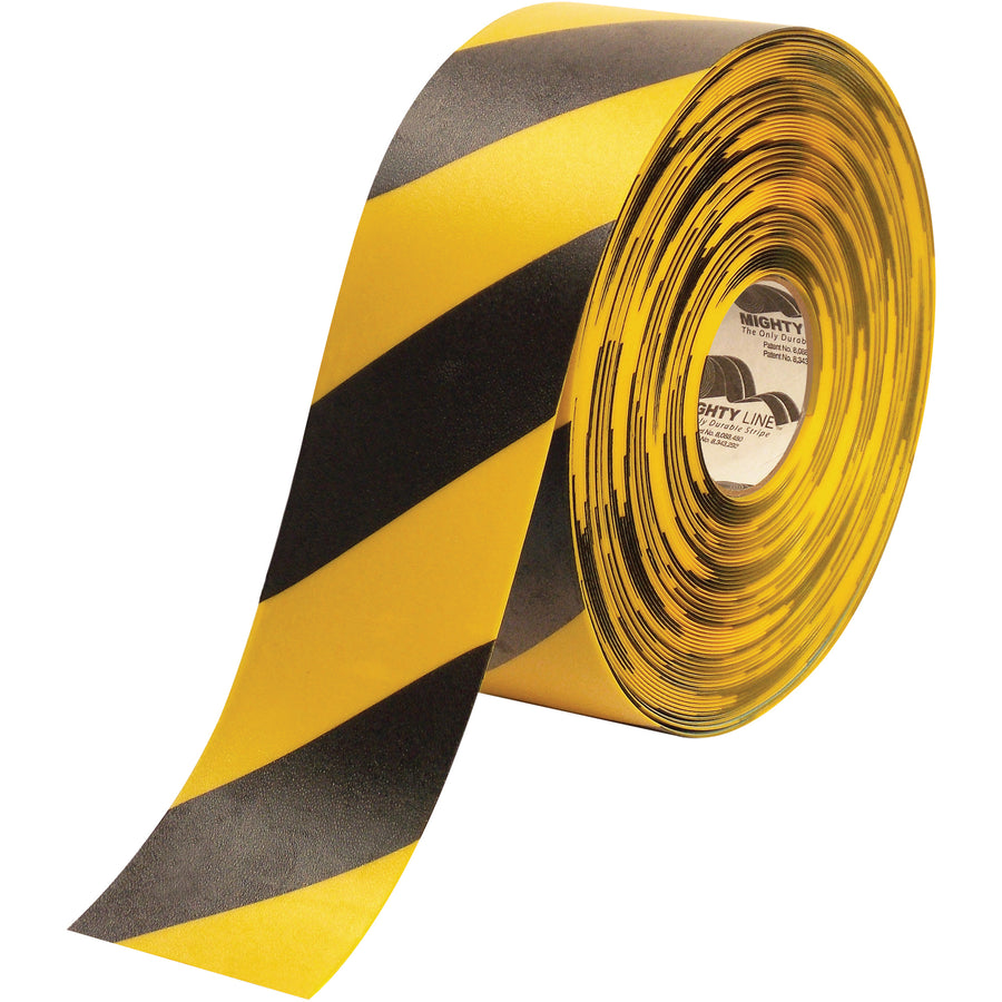 Heavy-duty 60 Mil PVC construction withstands intense warehouse traffic without peeling or tearing. This 4" x 100' yellow/black Mighty Line™ safety tape features beveled edges that prevent snagging by forklifts and equipment. Installs faster than paint, lasts longer, and removes cleanly without residue.