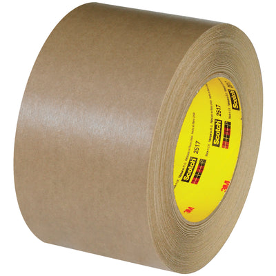Heavy-duty 3M 2517 flatback tape engineered for high-speed packing lines and case sealing operations. The 6.5 mil kraft backing with rubber adhesive delivers superior core compatibility and straight, reliable seals on cartons and bundled packages. Machine-dispensable and sold by the case of 12 rolls.