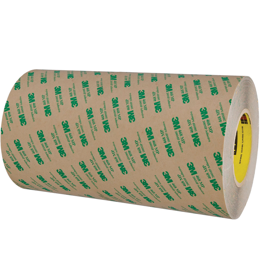 3M 468MP adhesive transfer tape bonds instantly to rough, uneven, and textured surfaces with 5.0 mil acrylic adhesive. This 12" x 60 yard hand roll performs reliably across high-temperature, high-humidity, and thermal cycling conditions. Ideal for packing line supervisors who need consistent core compatibility and dispenser-friendly hand rolls.