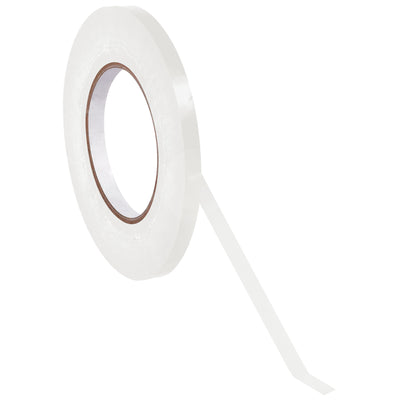 Heavy-duty 2.4 mil white bag tape seals poly bags instantly with permanent pressure-sensitive adhesive. Each case includes 16 rolls of 180 yards on 3" cores, compatible with standard bag tape dispensers for seamless packing line integration.