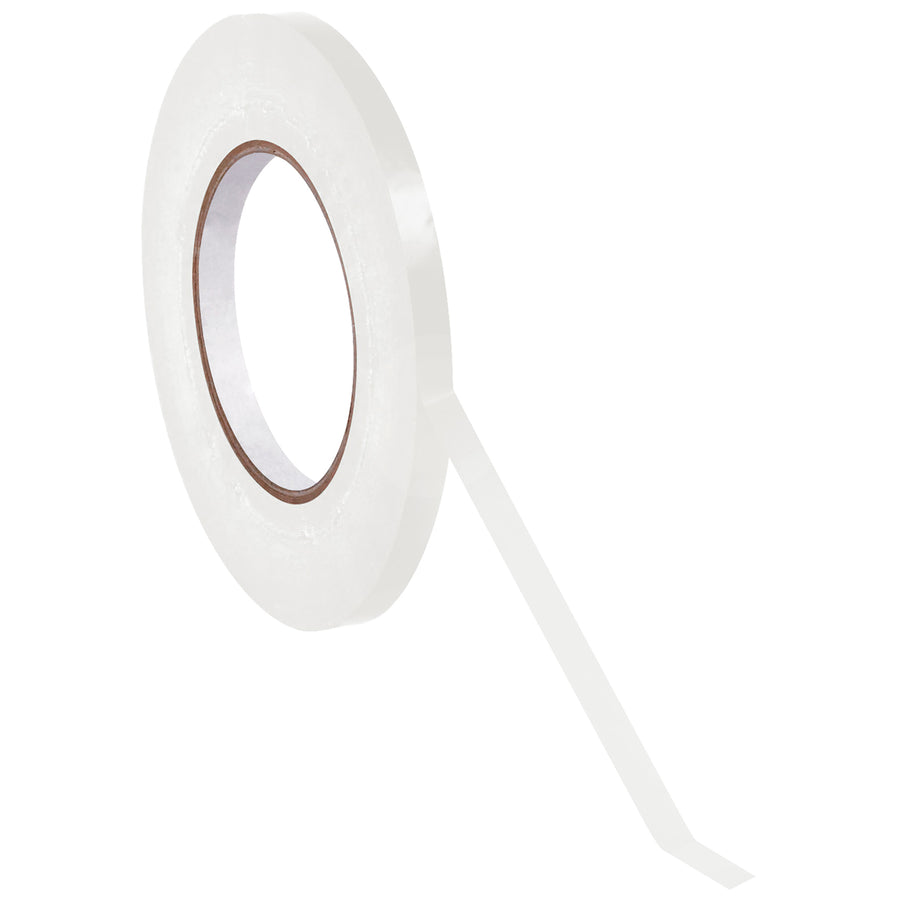 Seal poly bags fast with this 2.4 mil white bag tape. Each roll measures 3/8" x 180 yards with a standard 3" core that fits all bag tape dispensers. Ship 96 rolls per case for continuous production line coverage.