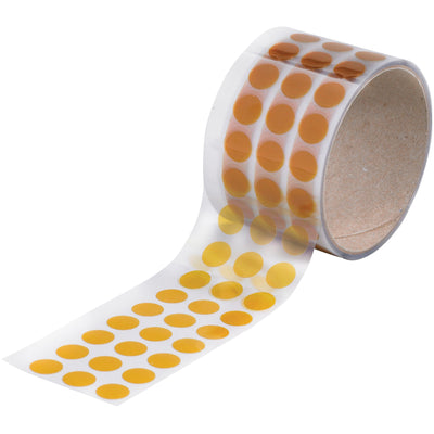 High-performance 1/2" Kapton® discs with silicone adhesive designed for precision masking on circuit boards and sensitive components. Withstands temperatures up to 500°F without leaving residue, making them ideal for wave soldering, powder coating, and transformer manufacturing. One case contains 1,000 discs wound on a 3" core for efficient dispensing.