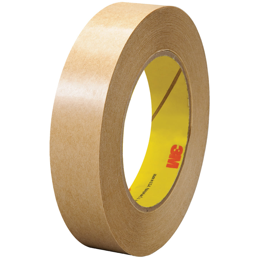 3M 465 aggressive general-purpose adhesive transfer tape bonds instantly with excellent initial tack and shear holding power. 1" x 60 yard hand rolls with 3" core on densified kraft paper liner. Sold in cases of 36 for high-volume packing line operations.