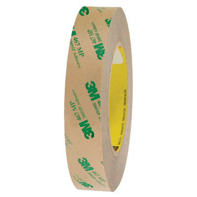 Packing line supervisors trust 3M 467MP for consistent, reliable adhesion on metal and high-energy plastic substrates without edge lifting or slippage. This 2.0 mil pressure-sensitive double-coated transfer tape delivers excellent performance through humidity cycles and temperature extremes. Case of 6 hand rolls (1" x 60 yds. each) ready for immediate dispenser integration.