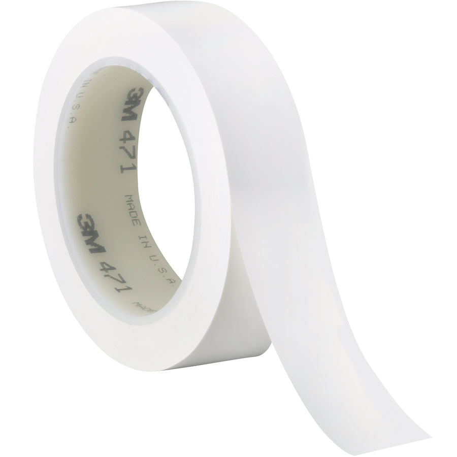3M 471 white vinyl safety tape delivers instant adhesion on production lines with zero setup time. The 5.2 mil durable vinyl backing resists moisture, chemicals, and abrasion while the pressure-sensitive rubber adhesive eliminates dripping and cleanup. This 3-pack case (1" x 36 yds each roll) is ideal for case sealing, color coding, and splicing applications.
