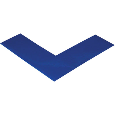 Pre-cut 6" x 6" x 2" blue PVC safety tape angles that withstand heavy warehouse traffic while removing cleanly without residue. Beveled edges prevent tearing from equipment. Case of 24 angles for reliable floor marking and pallet location definition.