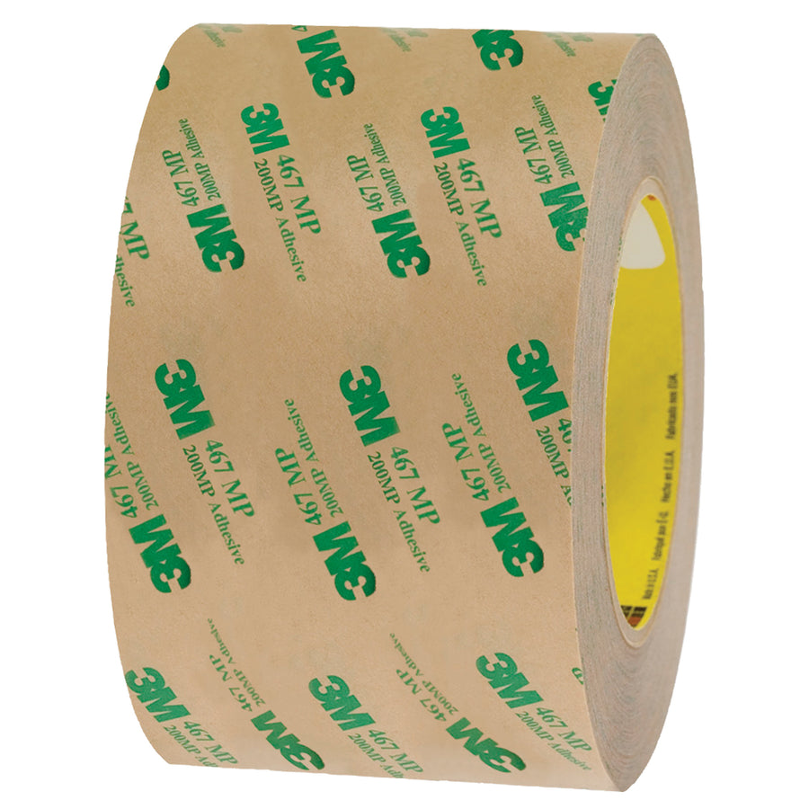 3M™ 467MP adhesive transfer tape delivers superior adhesion to metals and high surface energy plastics with minimal edge lifting–essential for packing line supervisors running high-speed case sealing and component attachment operations. Each case contains 6 hand rolls of 3" x 60 yds., 2.0 mil clear transfer tape with acrylic adhesive and polycoated kraft paper lining for reliable dispensing and consistent performance across humidity and temperature cycles.